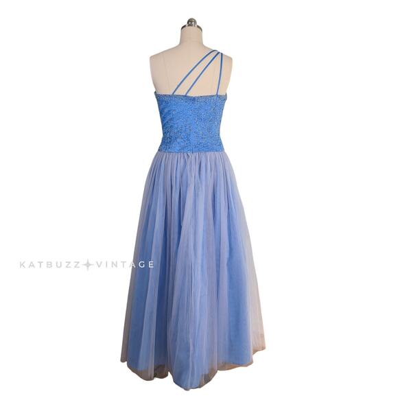 Vintage Prom Dress Maxi Gown 10 Blue Y2K Bead Tulle Shoulder Ball Cinderella - Picture 4 of 16